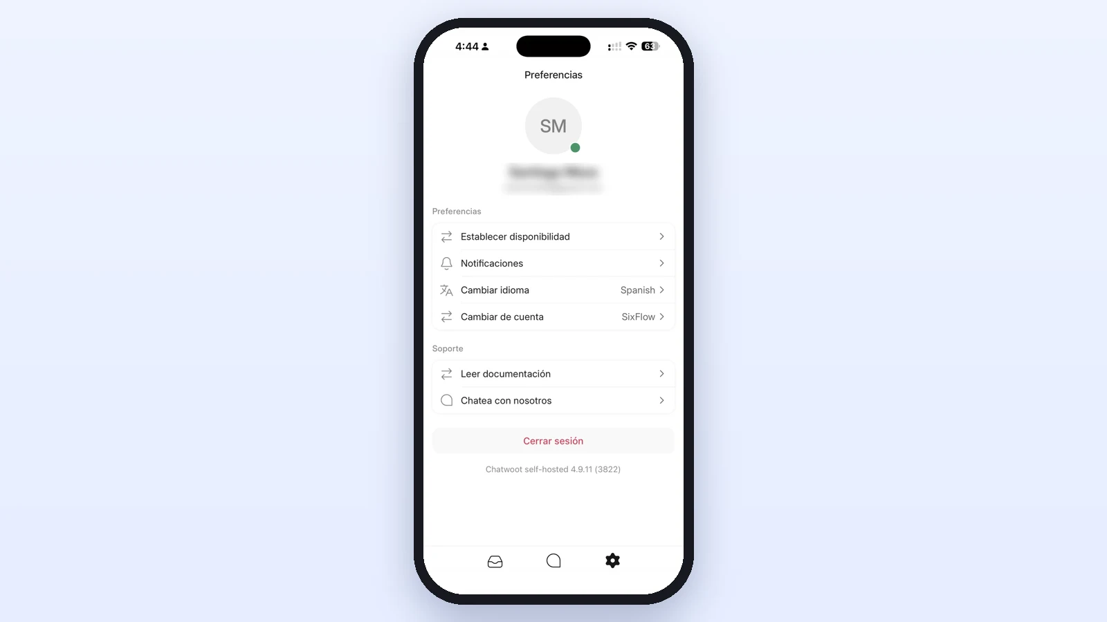 Preferencias de la app: Establecer disponibilidad, Notificaciones, Cambiar idioma y Cambiar de cuenta