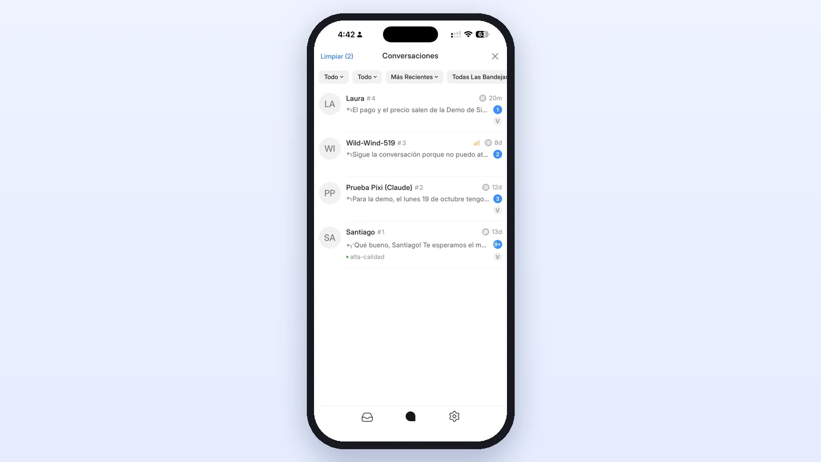 Lista de Conversaciones en la app con los filtros en Todo, Todo y Más Recientes