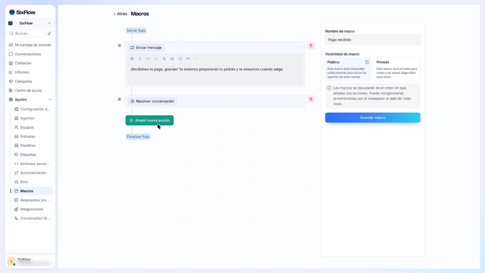 Macro Pago recibido creada en la Bandeja desde el computador: Enviar mensaje, Resolver conversación y Guardar macro