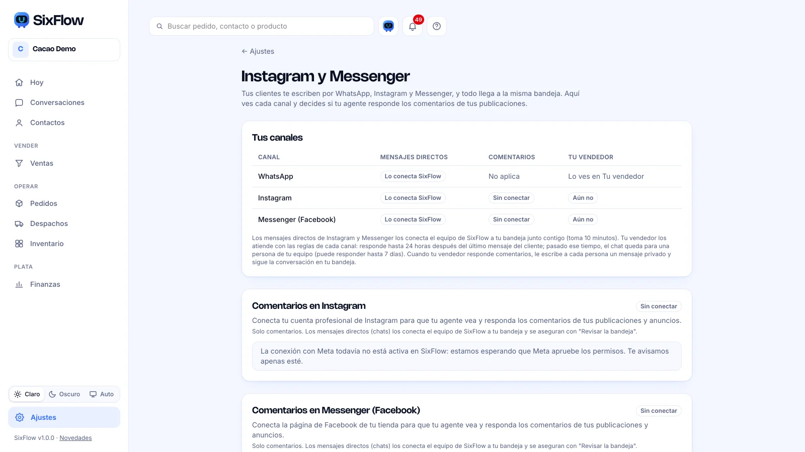 Pantalla Instagram y Messenger con la tabla Tus canales