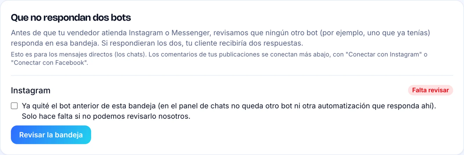 Tarjeta Que no respondan dos bots con el botón Revisar la bandeja
