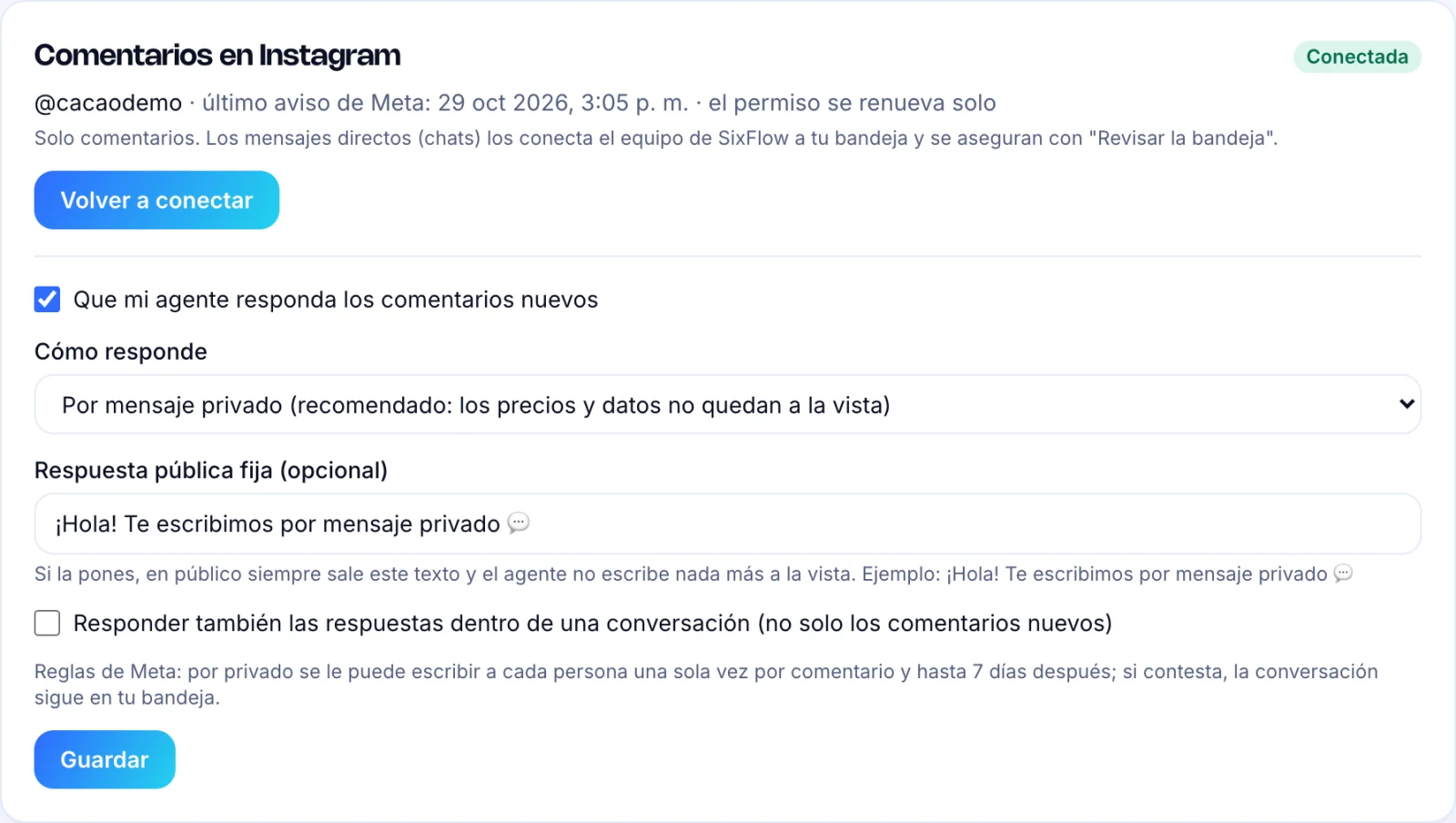 Formulario de comentarios con la casilla para responder, el selector Cómo responde y el botón Guardar
