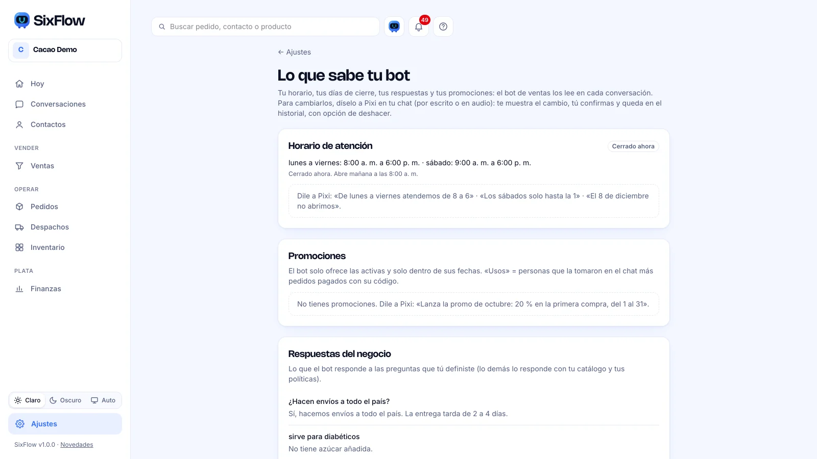 Pantalla Lo que sabe tu bot con las tarjetas Horario de atención, Promociones y Respuestas del negocio