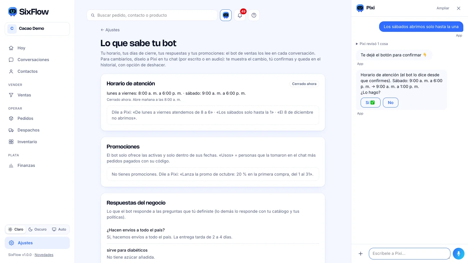 Chat con Pixi mostrando el cambio de horario y el botón Sí para confirmar