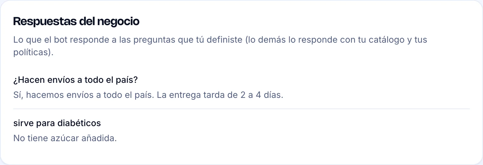 Tarjeta Respuestas del negocio con una pregunta y su respuesta guardada