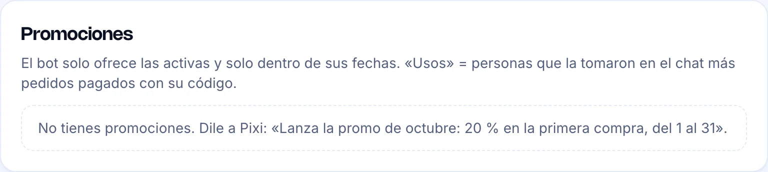 Tarjeta Promociones con lo que ofrece el bot y el ejemplo de qué decirle a Pixi