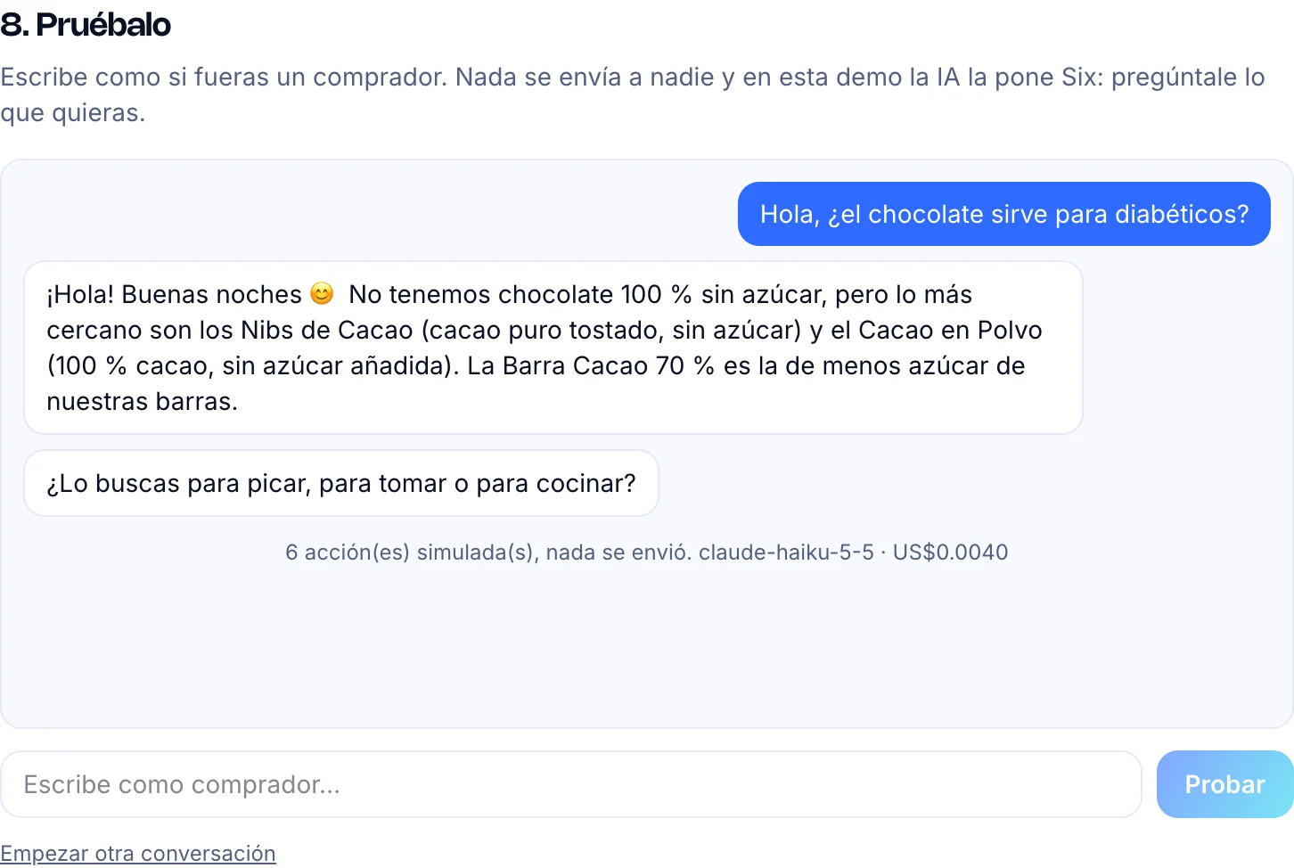 Simulador de Tu vendedor respondiendo si el chocolate sirve para diabéticos