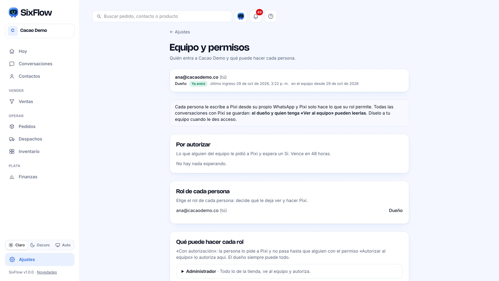 Pantalla Equipo y permisos con la lista de personas, su rol y su estado