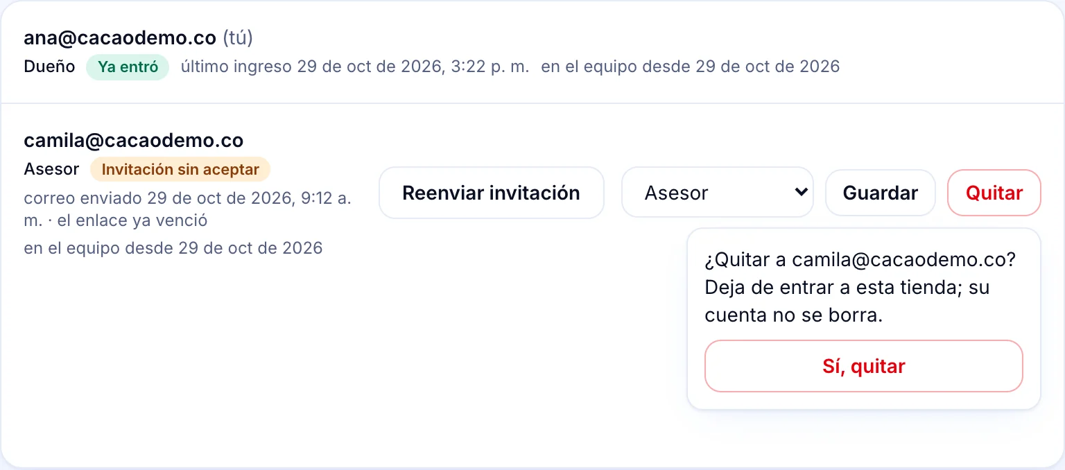 Selector de rol con el botón Guardar y el botón Quitar con su confirmación