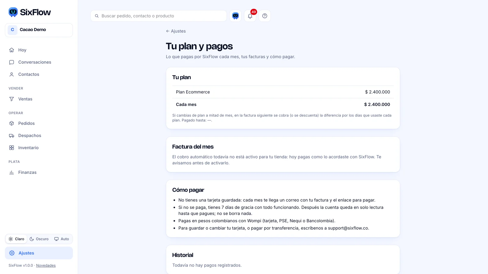 Pantalla Tu plan y pagos con la tarjeta Tu plan, los extras y el total mensual