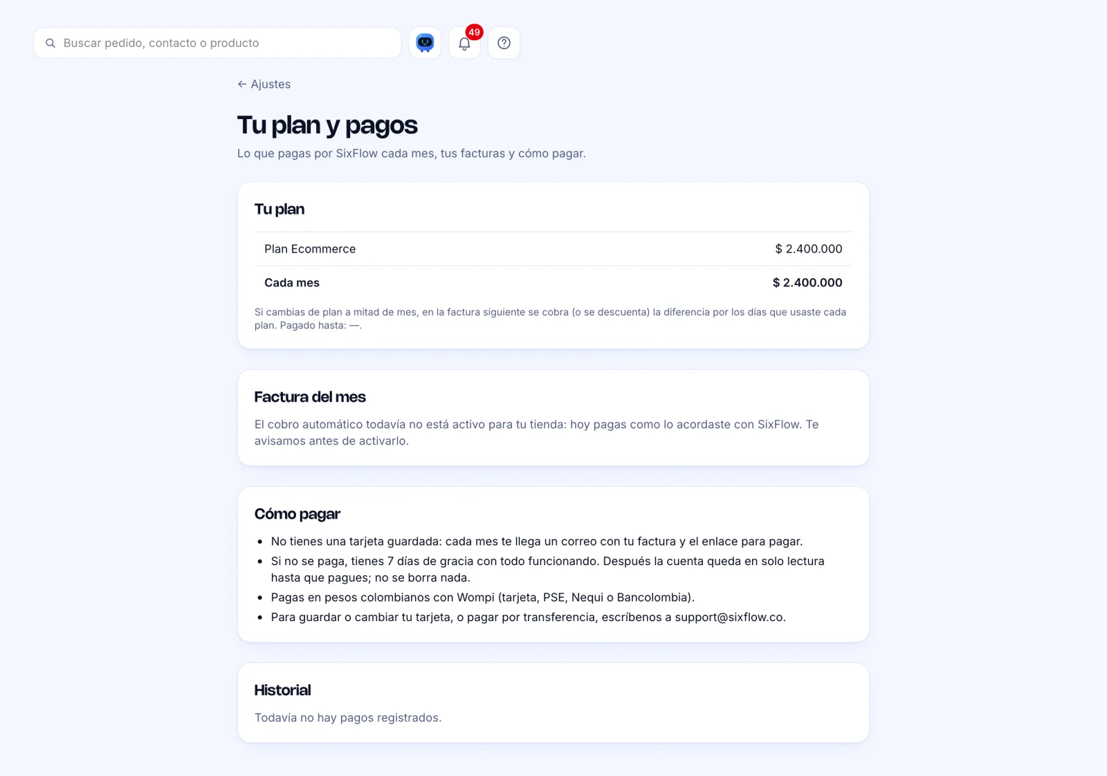 Pantalla Tu plan y pagos con las tarjetas Tu plan, Factura del mes, Cómo pagar e Historial
