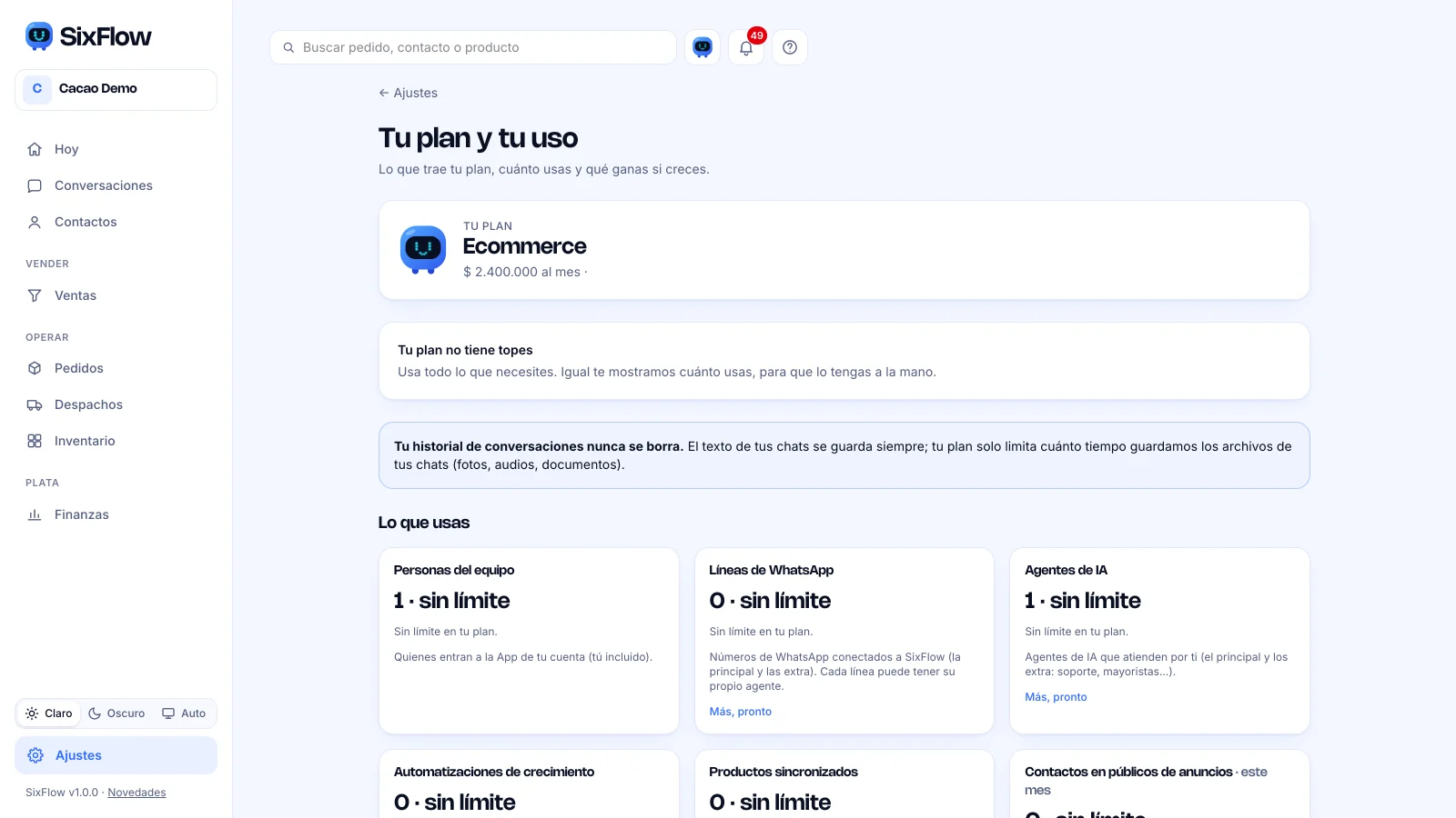 Pantalla Tu plan y tu uso con los medidores de cada límite del plan