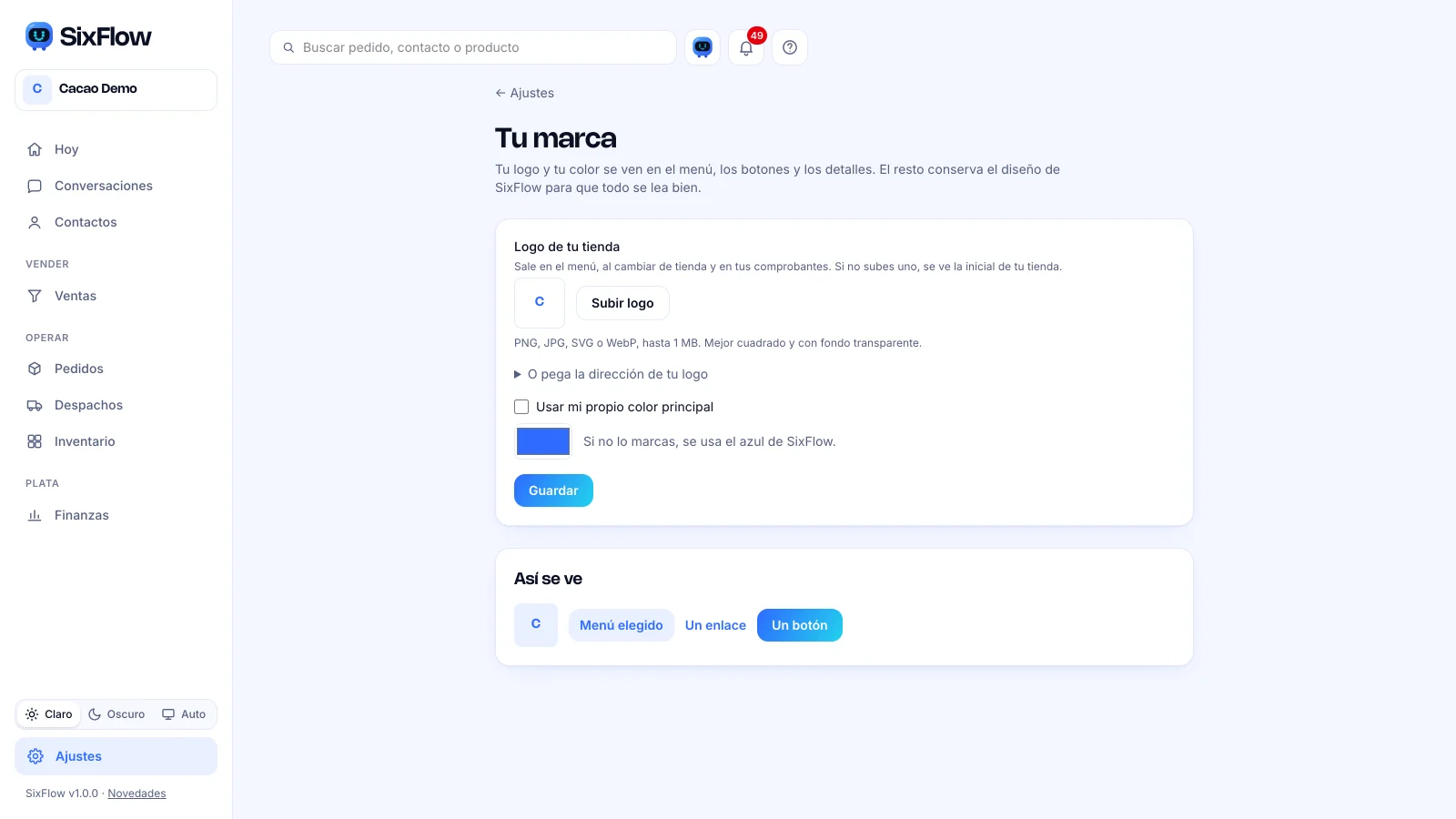 Pantalla Tu marca con la sección Logo de tu tienda y el selector de color