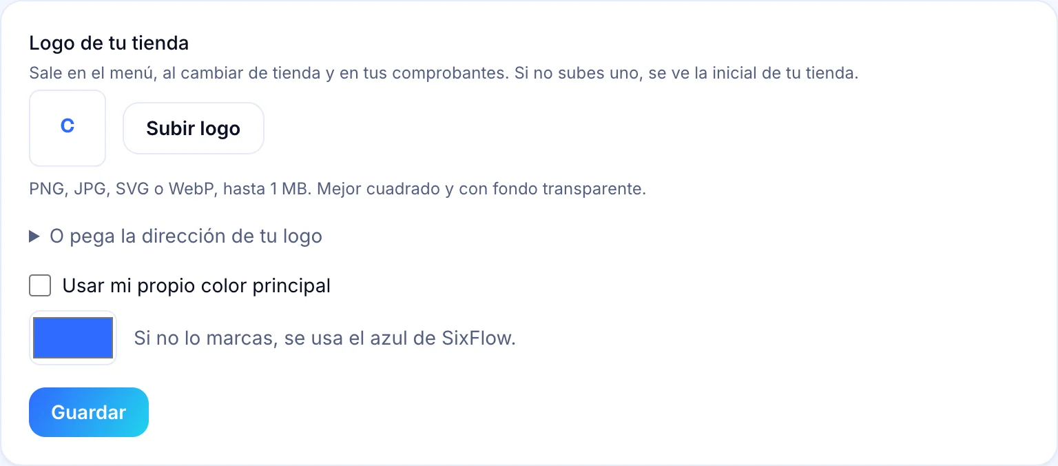 Botón Subir logo con la nota de formatos permitidos y el tamaño máximo