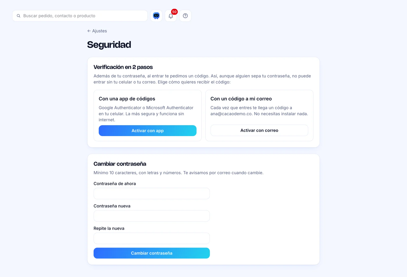 Pantalla Seguridad con las opciones Activar con app y Activar con correo, y la tarjeta Cambiar contraseña