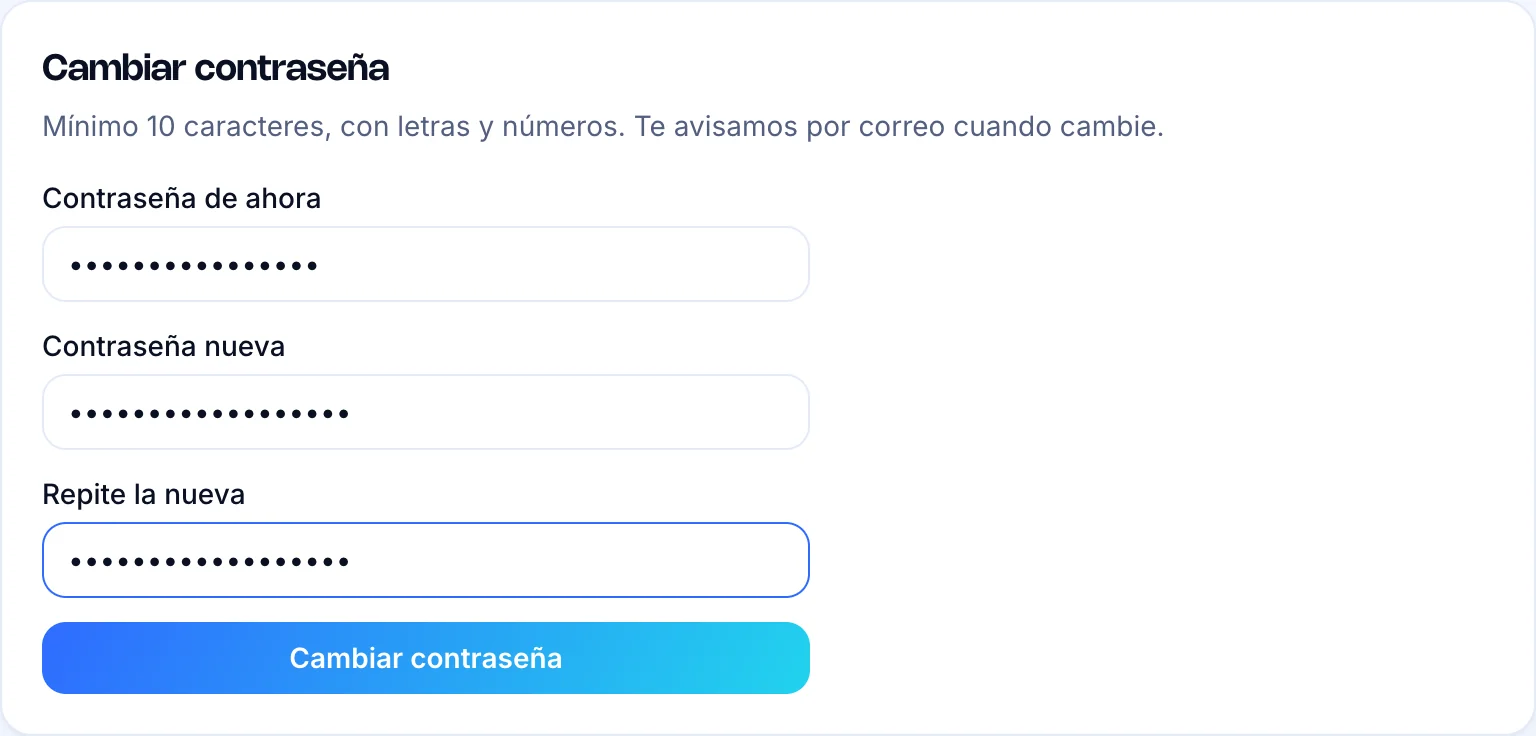 Tarjeta Cambiar contraseña con los campos Contraseña de ahora, Contraseña nueva y Repite la nueva