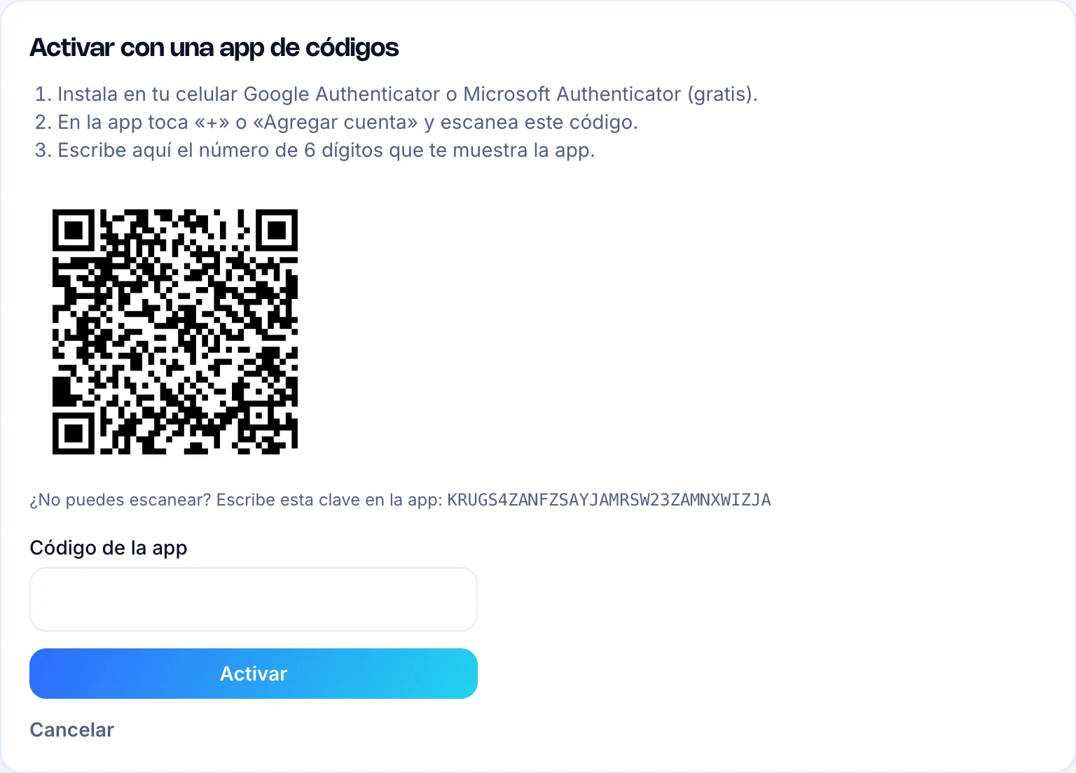 Pasos para activar con app de códigos: código QR, clave para escribir a mano y campo Código de la app