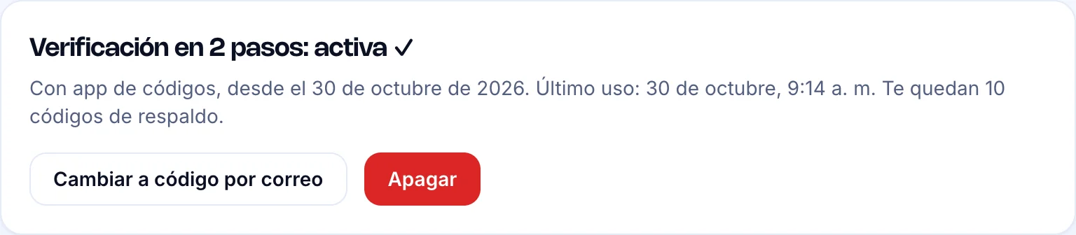 Tarjeta Verificación en 2 pasos activa con los códigos de respaldo que quedan y los botones para cambiar de método o apagar