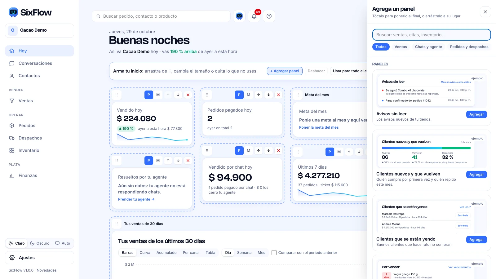 Modo Personalizar de Hoy con los botones de mover, tamaño y quitar sobre cada panel, y la galería Agregar panel